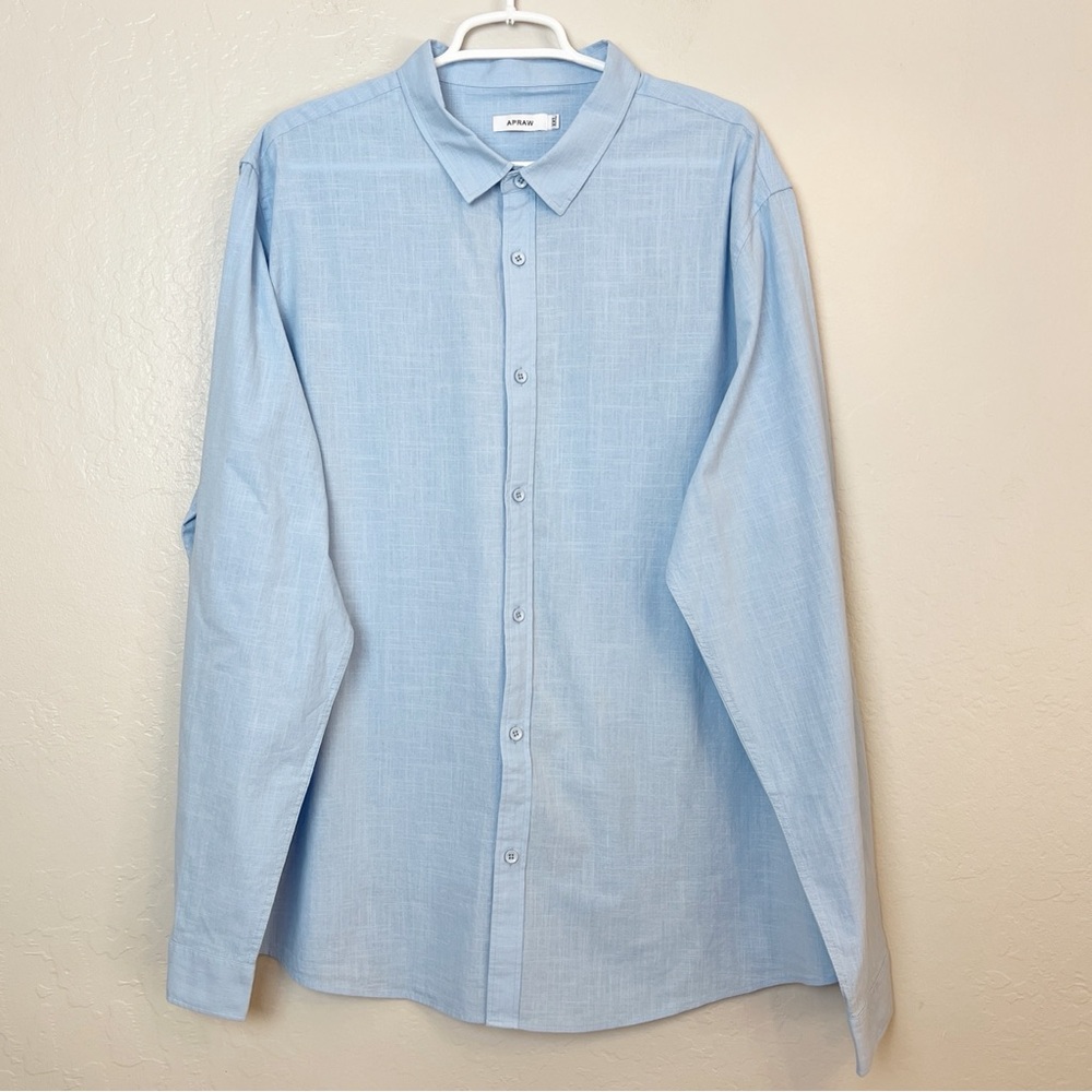 •APRAW• Blue Cotton‎ Linen Button Up Shirt Long Sleeves Regular Fit Size XXL